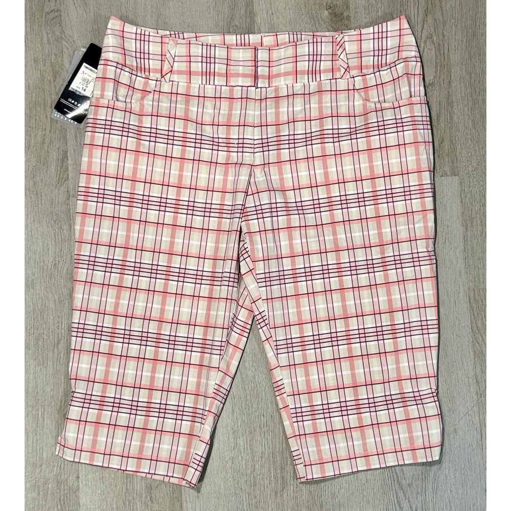 Adidas Pedal Pusher Bermuda Shorts Women's 14 Climalite Stretch Pink Plaid NWT - Picture 2 of 14